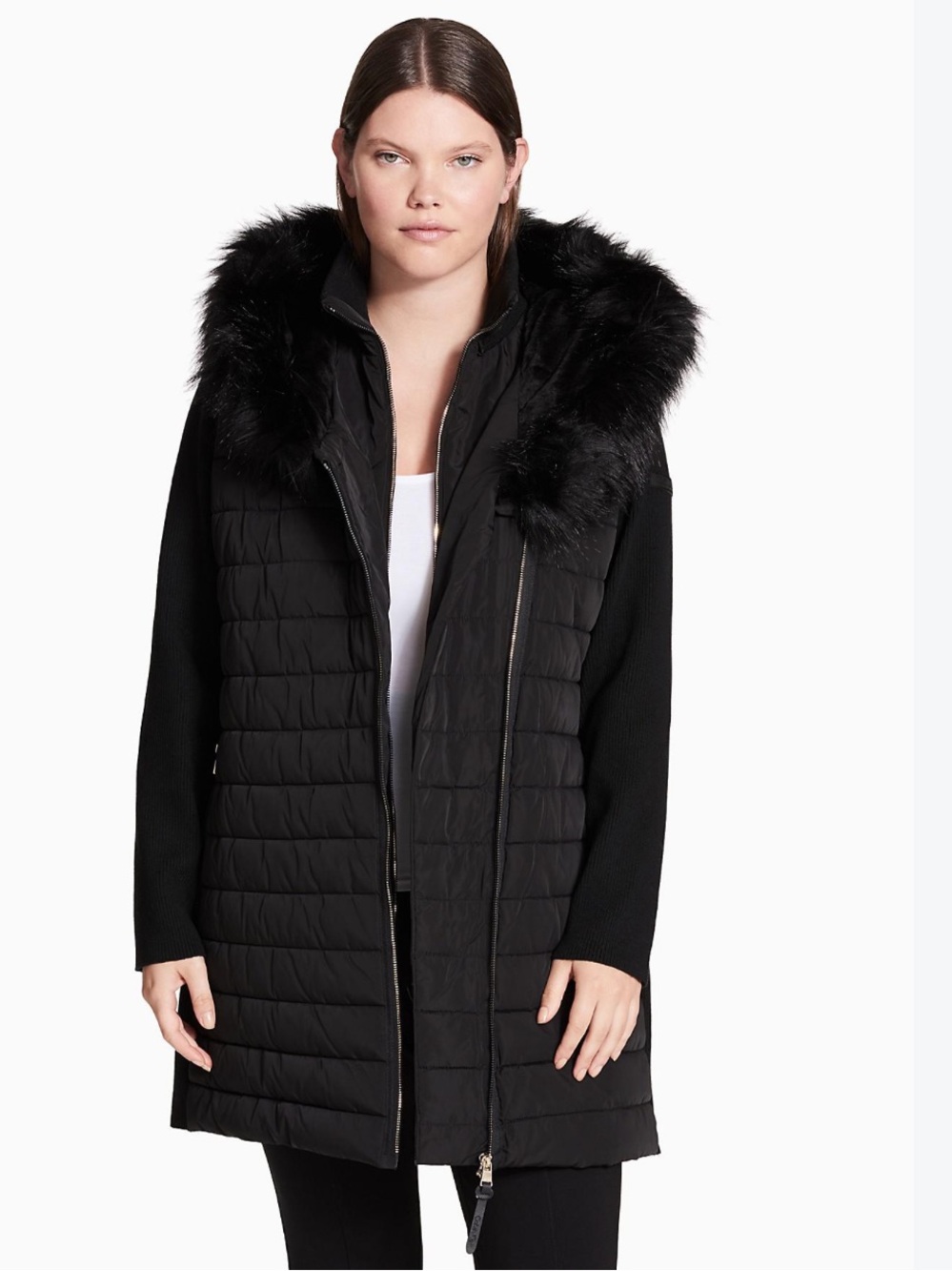 Calvin Klein Jacket Womens 2X Black Performance Faux Fur Zip Hood Puffer Coat